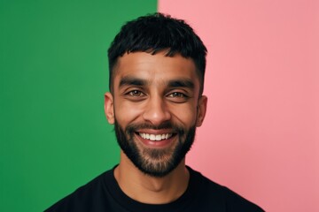 Obraz premium Man smiling in front of split green and pink background