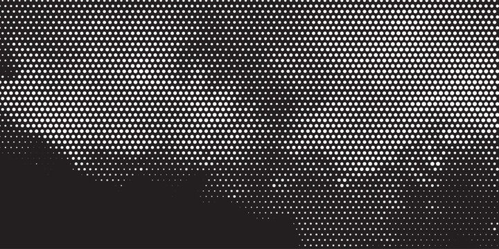 Abstract black background with white halftone dots pattern gradient