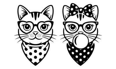 Obraz premium Vector Illustration of Two Stylish Cats with Glasses and Polka Dot Scarves