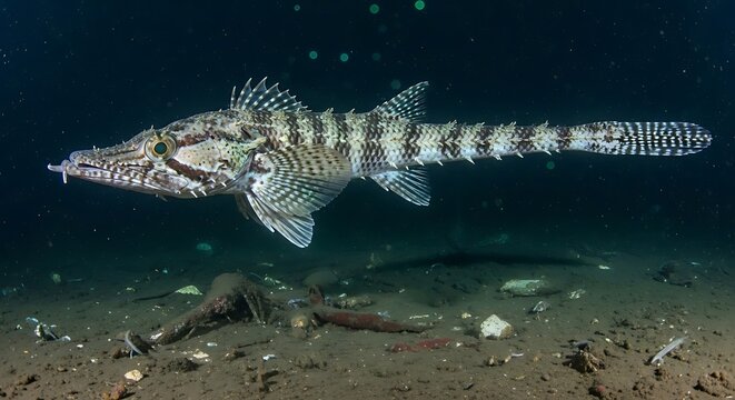 A predatory lizardfish with distinct camouflage patterns rests motionlessly on the dark seabed, waiting for prey.