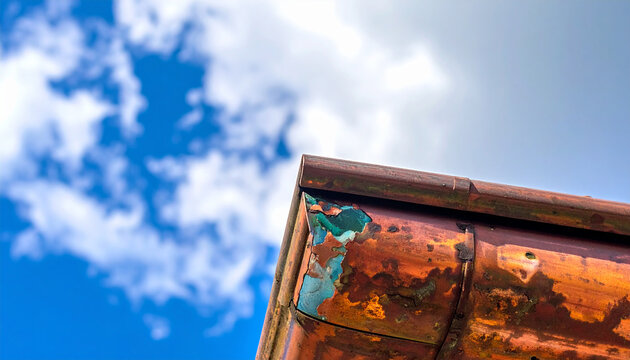 Close up of a weathered copper gutter corner with peeling green patina and rust against a blue sky