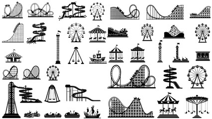 silhouette amusement park illustration featuring children enjoying fun rollercoasters water rides cars and joyful leisure activities in vibrant theme park scene. © prarthana