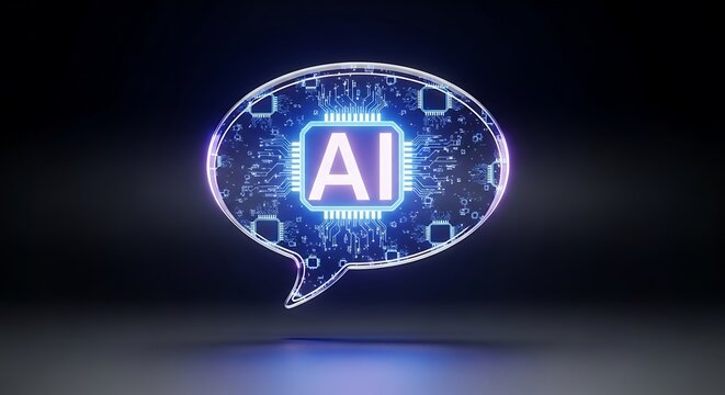 A futuristic glowing blue AI logo in a speech bubble on a dark background