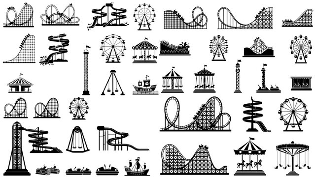 silhouette amusement park illustration featuring children enjoying fun rollercoasters water rides cars and joyful leisure activities in vibrant theme park scene.