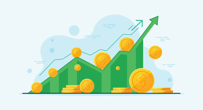 A vibrant illustration depicts financial growth with rising bars coins and an upward trend showcasing economic success silhouette high quality