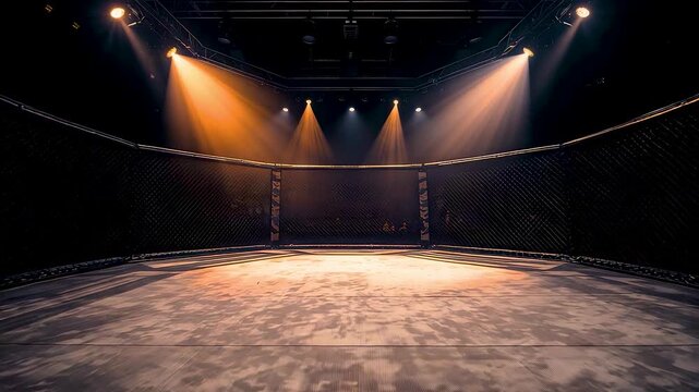 Empty Stage With Wooden Floor Illuminated By Multiple Spotlights In Dark Theater