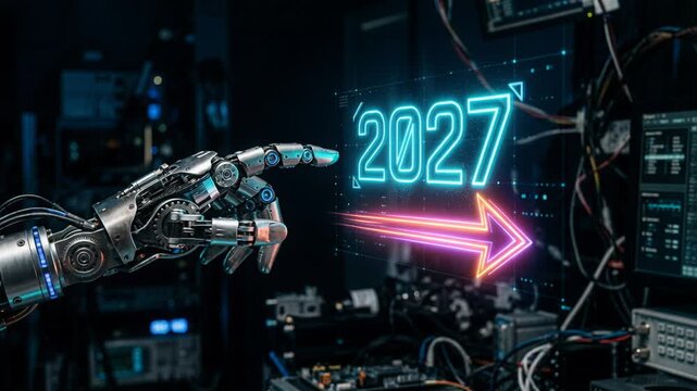 Robotic hand interacting with 2027 holographic interface. Advanced technology machine calculating future timeline. Cybernetic celebration for a happy new year 2027.