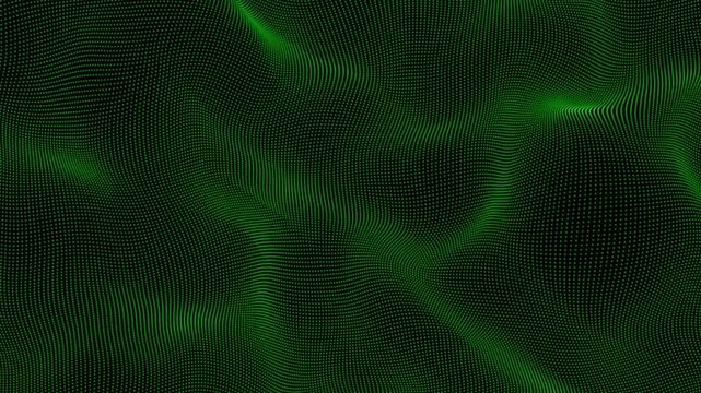 Vibrant dynamic green dot pattern particle forming an intricate abstract wave on a black background a captivating digital artwork showcasing movement and contemporary bold design