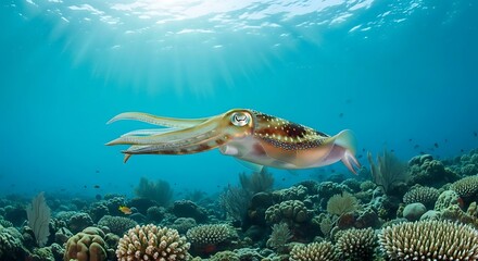 Naklejka premium A captivating cuttlefish with beautiful patterns expertly camouflages itself against a vibrant coral reef in clear blue ocean water.