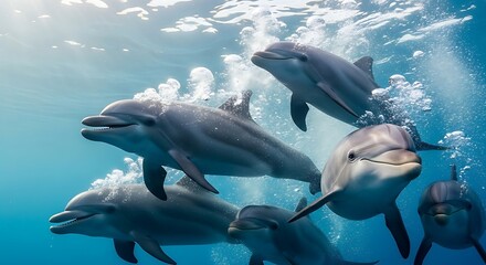 Obraz premium A joyful group of bottlenose dolphins playfully swims together underwater, surrounded by sunlight and air bubbles.