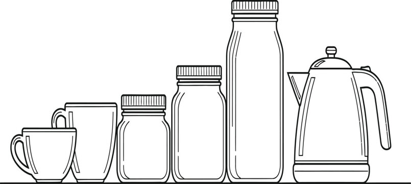 Line drawing of kitchenware and brewing equipment arranged by size Vector