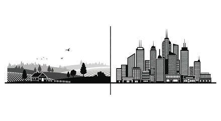 A contrasting landscape depicts rural fields and a modern cityscape divided by a vertical line in striking silhouette high quality professional © rabbivay