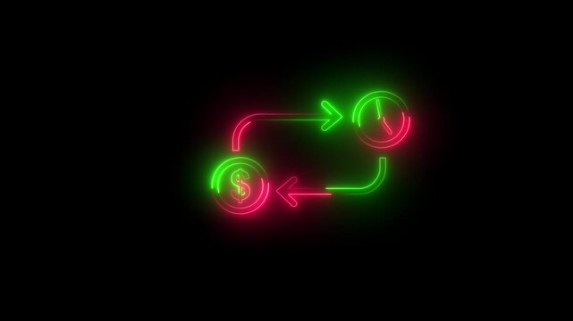 Settings icon and clock icon, and moving arrow rotted on the black background.