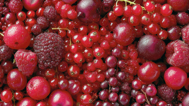 A vibrant macro top-view of a fresh forest berry mix featuring glistening red currants, ripe raspberries, juicy cranberries, and dark cherries a lush, high-resolution texture for healthy food.
