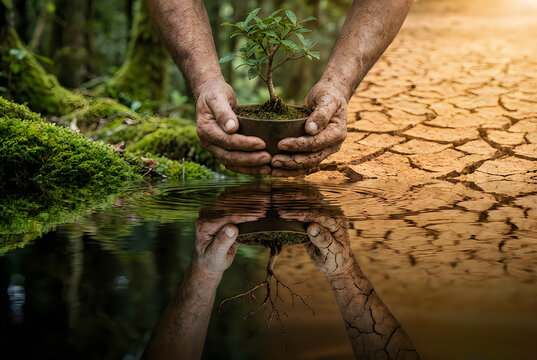 Hands hold seedling between lush forest and dry cracked desert with cracked eart