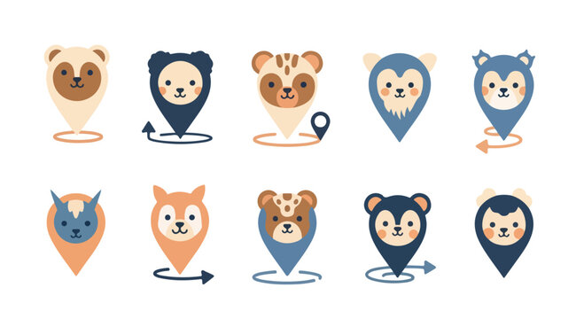 Flat lay of various animal faces with map pins on a white background in a minimalistic style with a playful and navigation-themed mood.