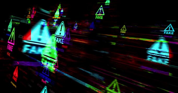 Fake news alert symbol technology loop concept. Abstract sign on glitch screens seamless and looped.