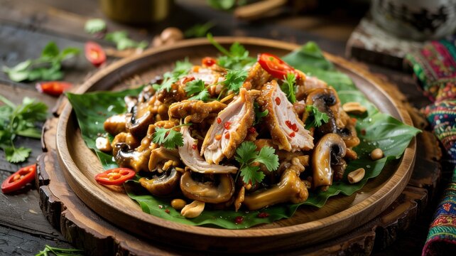 Fried bird with mushrooms &mdash; Ayam Jamur.
This is a hearty and flavorful dish of Indonesian cuisine (popular both in home cooking and in outdoor cafes of the warung format).