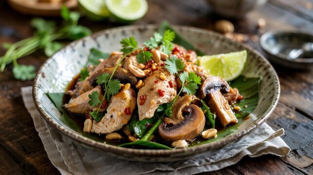 Fried bird with mushrooms &mdash; Ayam Jamur.
This is a hearty and flavorful dish of Indonesian cuisine (popular both in home cooking and in outdoor cafes of the warung format).