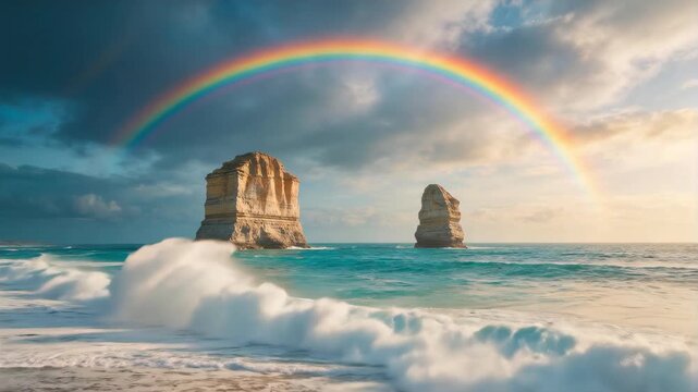 Iconic sea stacks and ocean waves under a vibrant rainbow and cloudy sky, suitable for travel, nature, environmental, coastal, and weather-related content.