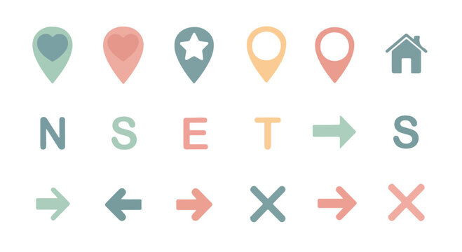 Flat lay of various navigation and direction icons on a white background with pastel colors.