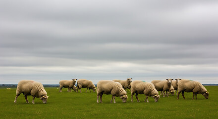 Fototapeta premium A flock of sheep with thick wool coats grazing peacefully in a vibrant green pasture under a vast, overcast sky.