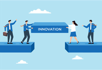 Fototapeta premium Business team constructing bridge over gap labeled Innovation concept change adapting and collaborative to achieve success