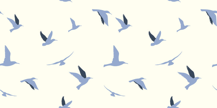 Seamless pattern with blue flying bird silhouettes on light background