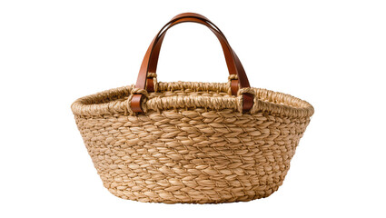 Fototapeta premium Rustic woven basket with brown leather handles, isolated on transparent background
