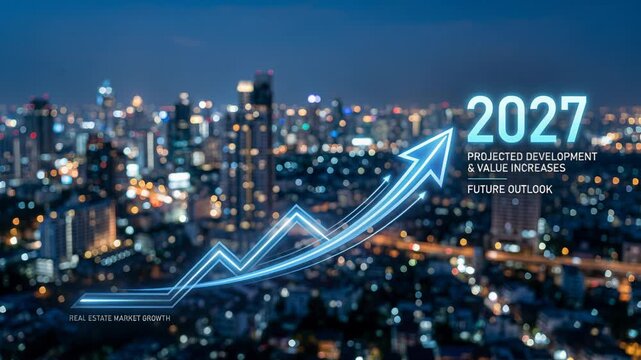 Glowing arrow pointing upward on financial chart overlaying cityscape for 2027. Real estate market growth forecast and future value increase analysis concept.