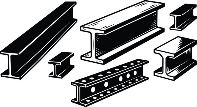 Black and white vector line art assortment of seven steel i beams and perforated girder