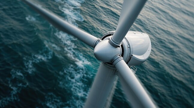 Wind turbine located in ocean water. Offshore wind farm generator producing renewable electric energy. Sustainable power source for environment protection and climate change mitigation concept.