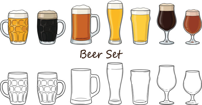 A set of various beer glasses and mugs filled with different types of beer