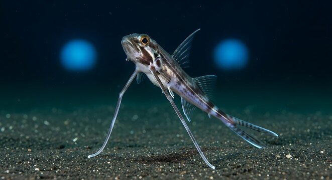 A peculiar goby fish stands on its elongated pectoral fins on the sandy ocean floor in deep water.