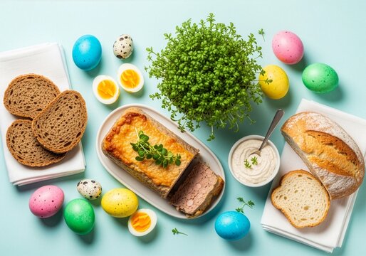 Pasztet wielkanocny, rzeżucha, pisanki, chleb i chrzan. Śniadanie wielkanocne