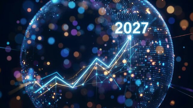 Glowing trend line with number 2027 inside digital global sphere. Financial growth chart projected on network planet orb for New Year business forecast success.