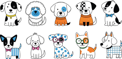 Naklejka premium Adorable hand drawn cartoon puppy character collection featuring diverse breeds wearing colorful winter sweaters and cute fashion accessories.