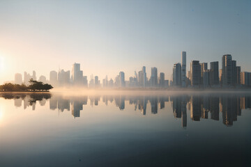 Obraz premium Urban Lakescape with Sunrise Reflection and Modern Skyline