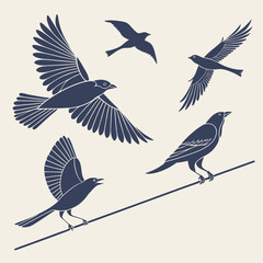 Naklejka premium Minimalist Bird Silhouettes in Navy Blue and Taupe Vector Collection