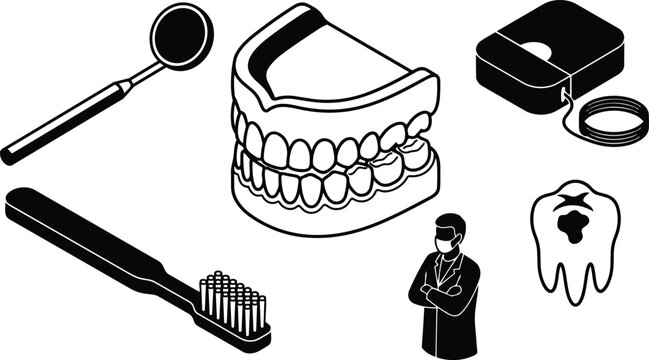 Black and white dental icons set dentures toothbrush mirror floss tooth cavity and masked dentist