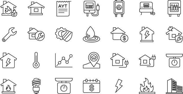 Home energy and utilities icon set with electricity gas water heating and smart home symbols in outline style design