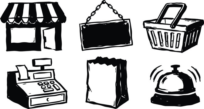 Black and white shop icons set storefront sign basket register bag and service bell line art