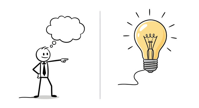 Stick figure businessman pointing at a bright light bulb with a thought bubble, symbolizing a new idea or innovation, on an isolated white background.