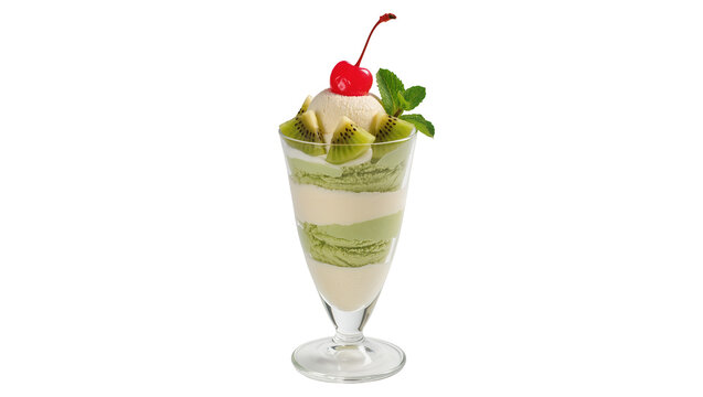 Matcha parfait with kiwi cherry and mint, isolated on transparent background