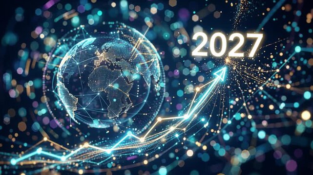 Digital globe with rising growth chart labeled 2027. Global business advancement and network technology concept for the new year. Data analytics visualization.