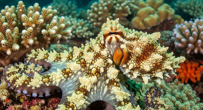 A well-camouflaged common octopus rests on a vibrant coral reef in clear blue tropical waters.