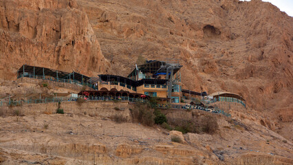 JERICHO ISRAEL: The Monastery of Saint George of Choziba is a Greek Orthodox monastery dramatically built into the cliff face of the Wadi Qelt, a scenic gorge between Jerusalem and Jericho.