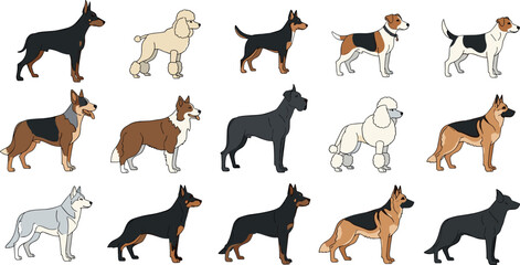 Fototapeta premium Cartoon Dog Icon Set Featuring Various Breeds Including Doberman, Poodle, German Shepherd, Fox Terrier, and More