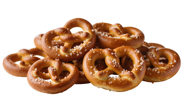 Golden brown baked pretzels with coarse salt, isolated on transparent background