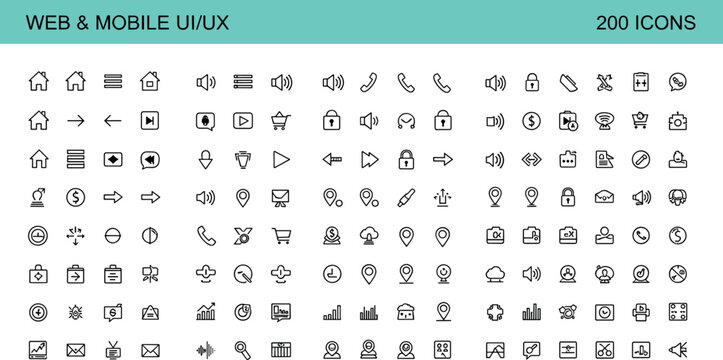 Web and mobile UI UX icon set with interface navigation communication and app design symbols in outline style